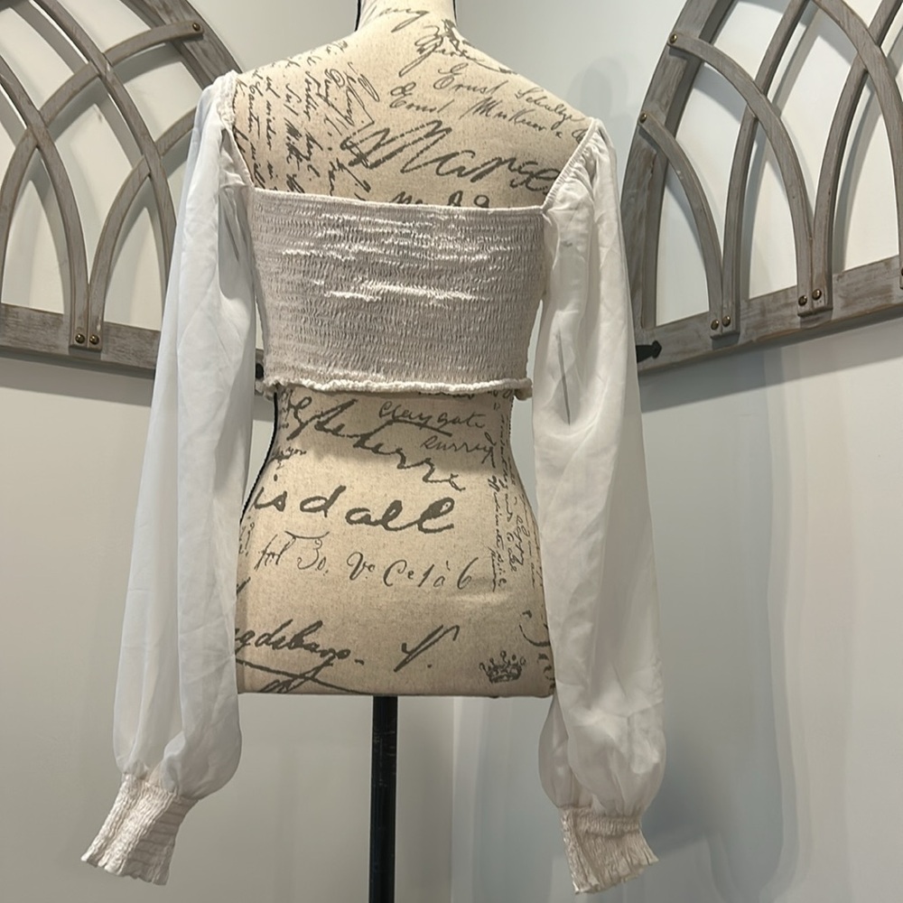 Sheer Long Sleeve Crop Top White Smocked Body And Bottom of Sleeves Size Large - Picture 6 of 10
